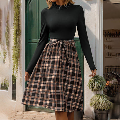 vmtvr outfit inspo fall 2024 Autumn and Winter New Stitching Skirt Slim Commuter Elegant Plaid Lace-up Dress