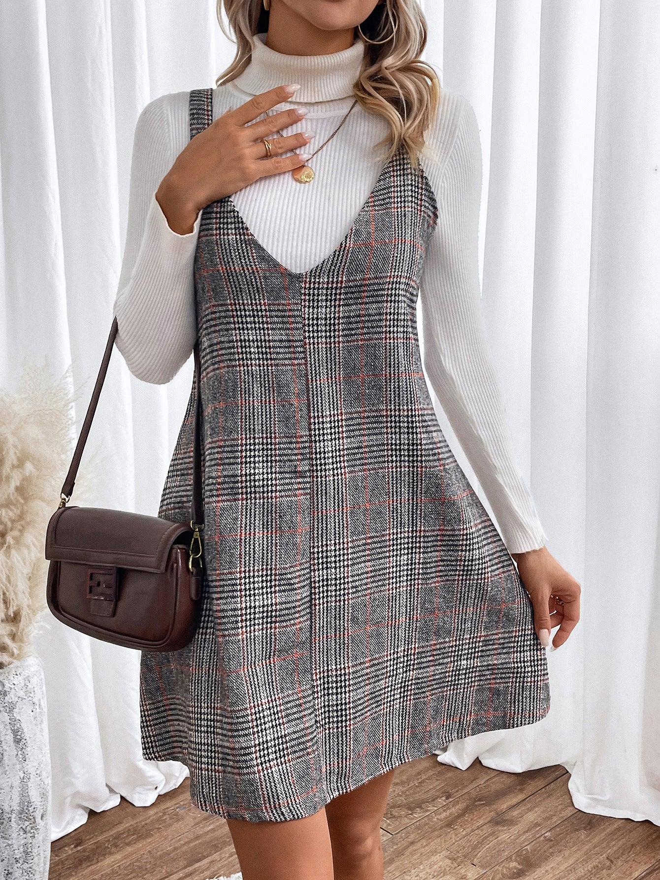 vmtvr fall outfits women Women's V-neck Plaid Strap Dress Spring and Autumn Winter Fashion Women's Clothing