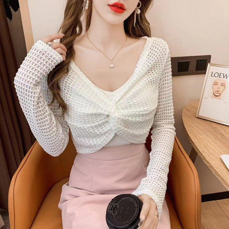 vmtvr 2000s fashion Black Suspender Skirt Outer Blouse Women's Summer Knitted Shawl Long Sleeve Niche Fashion Lace Top