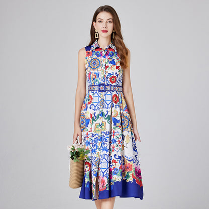 Real shot, summer new blue and white porcelain positioning printed shirt collar single-breasted dress, slim-fitting A-shaped skirt