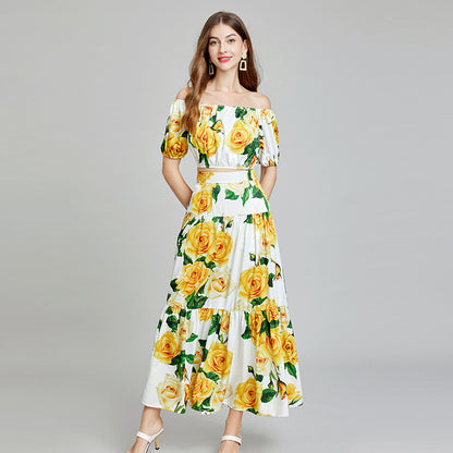 638 new color, one-word collar off-the-shoulder short tube top + high-waisted skirt two-piece set, fashion suit