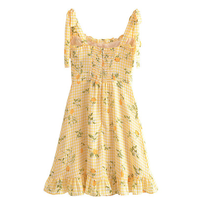 vmtvr summer outfits inspo Niche Summer New Slim Fit Slimming French Retro Plaid Lemon Print Wooden Ear Strap Dress