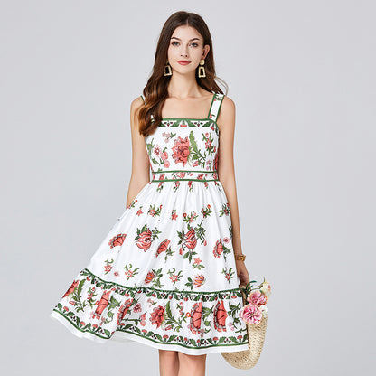 Real shot, summer new product positioning printed slim-fitting suspender dress, high-waisted vest A-shaped skirt