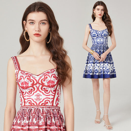 Real shot, spring and summer new product positioning printing slim-fitting high-waisted dress, suspender A-shaped skirt
