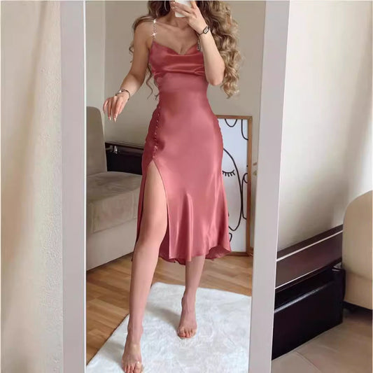 vmtvr hoco dresses Summer New A- line Dress Solid Color Chiffon Pearl Strap Dress Long Dress