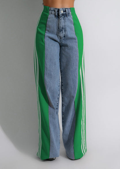 vmtvr 2000s fashion 2024 Summer Fashion Stitching Three Striped Wide Leg Denim Trousers Women's New Casual High Waist Stretch Straight Pants