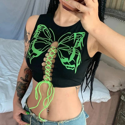 vmtvr grunge outfits Top Women's Summer New Fashion Sexy Printed Lace-up Cropped Hollow round Neck Vest
