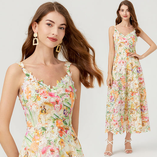Real shot,  niche color three-dimensional flower hollow embroidery suspender skirt women, water-soluble lace dress