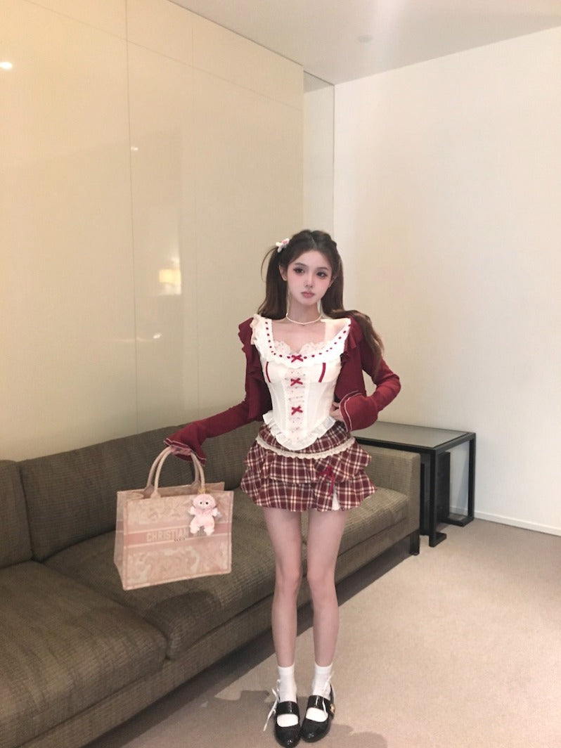 vmtvr harajuku fashion dress to impress Summer New Birthday Wear Suit Women's Cardigan Coat Vest Camisole Top Plaid Skirt Three-Piece Suit