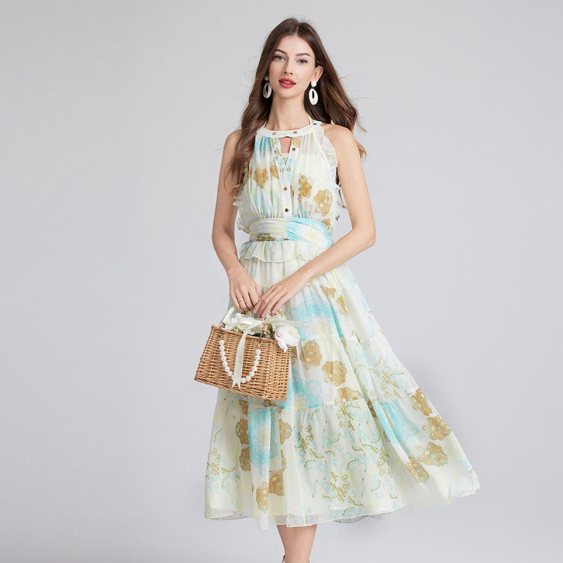 Real shot, flower celebrity temperament suspender gold wire strip new neck dress + tube top suspender two-piece set
