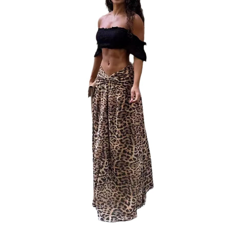 vmtvr clothes 2024 Summer Fashion Casual Short-Sleeved Pleated Top Leopard Skirt Two-Piece Set