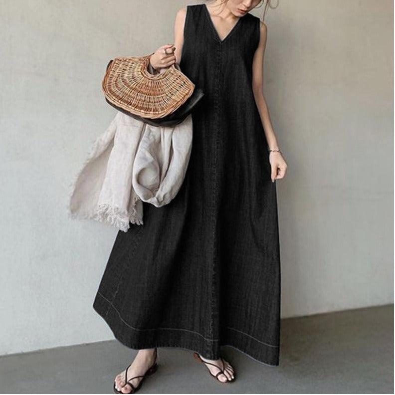 vmtvr - Literary Denim Tie Back V-Neck Long Dress