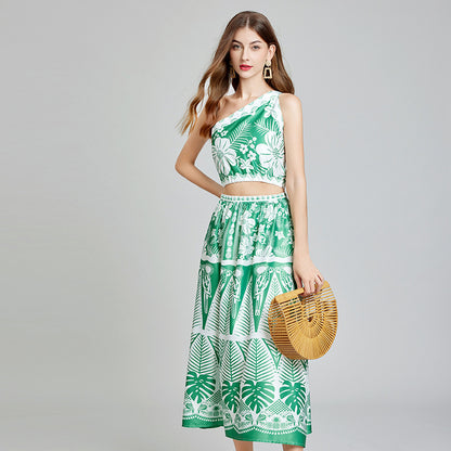 Real shot, summer new product asymmetrical design slanted shoulder suspender top + elastic waist skirt, two-piece set