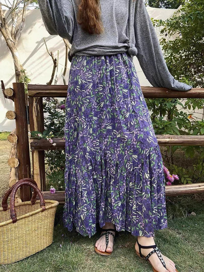 vmtvr teacher outfits Spring and Summer High Waist Large Swing Skirt Loose Slimming Retro A- line Skirt Floral Pleated Skirt