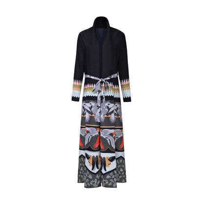 2025 Dubai robe Muslim clothing women's Middle East high-end printing loose large size lace-up trench coat pleated jacket autumn