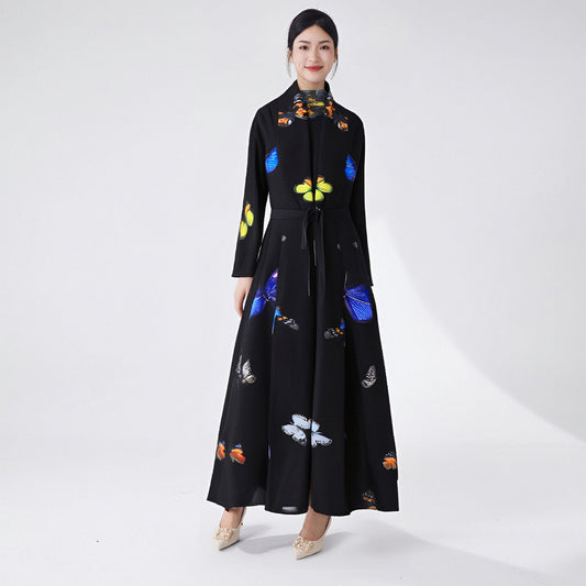2025 Middle East women's robe new large size robe lace-up printed lapel temperament versatile cardigan pleated jacket