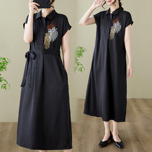 Vintage fashion age-reducing embroidered turtle crack dress  summer new wide too thin straps long dress women