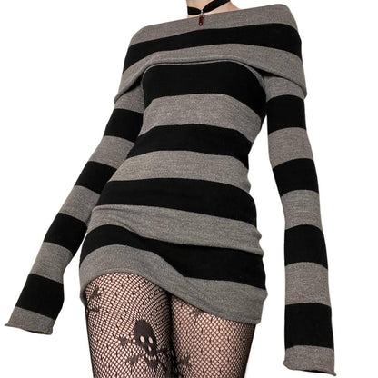 vmtvr grunge dti New Striped Lapel off-Shoulder Slim Long Knitted Sweater Dress 905