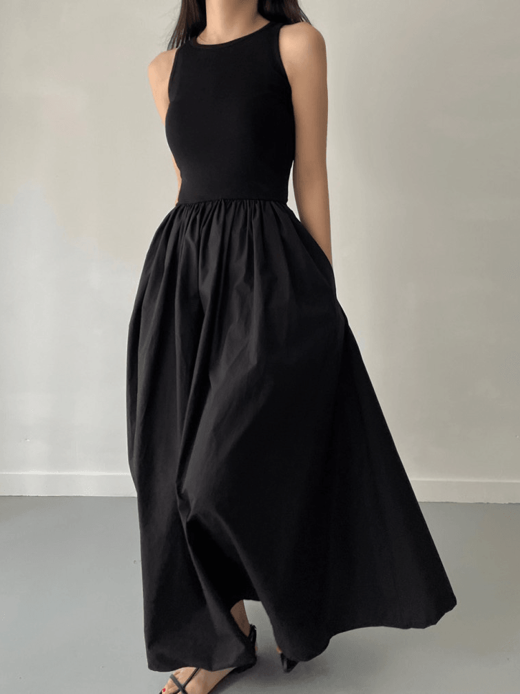 vmtvr - Elegant Round Neck Waist Slim Pleated Long Dress