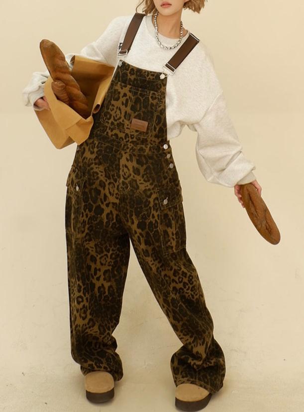 vmtvr Summer Fits Leopard Print Denim Suspender Pants for Women 2024 Spring Fashion Brand New Loose Casual BF American Retro Straight Long Pants
