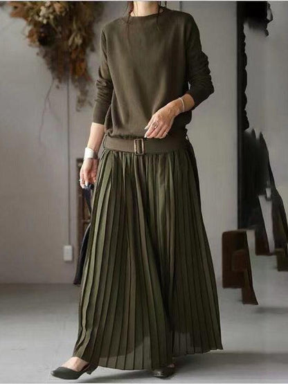 vmtvr - Belt Solid Pullover Knit Panel Pleated Dress