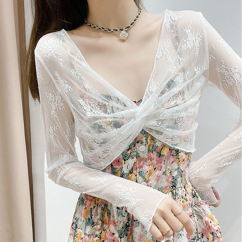 vmtvr 2000s fashion Black Suspender Skirt Outer Blouse Women's Summer Knitted Shawl Long Sleeve Niche Fashion Lace Top