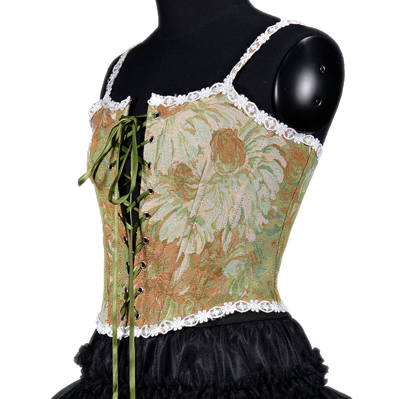 vmtvr koi fish dress to impress Autumn and Winter Women's Clothing French Retro Oil Painting Jacquard Embroidered Camisole Fishbone Corset Lace Lace-up Corset