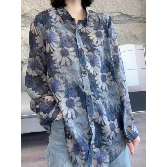 Long-sleeved thin printed shirt women's popular new spring and autumn large size loose casual top floral shirt cardigan