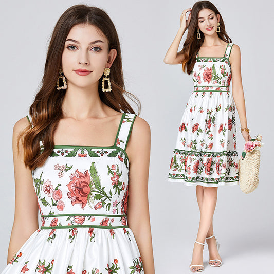 Real shot, summer new product positioning printed slim-fitting suspender dress, high-waisted vest A-shaped skirt
