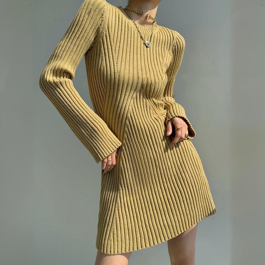 vmtvr fall outfits 2024 Women's Fashion Slim-Fit Knitted Dress Women's Autumn and Winter 2024 Inner Base Flared Sleeve Sweater Dress