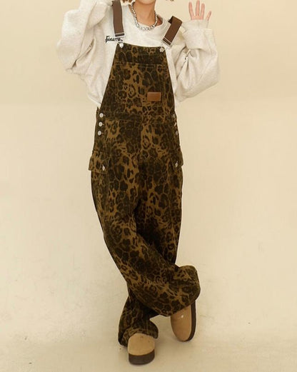 vmtvr Summer Fits Leopard Print Denim Suspender Pants for Women 2024 Spring Fashion Brand New Loose Casual BF American Retro Straight Long Pants