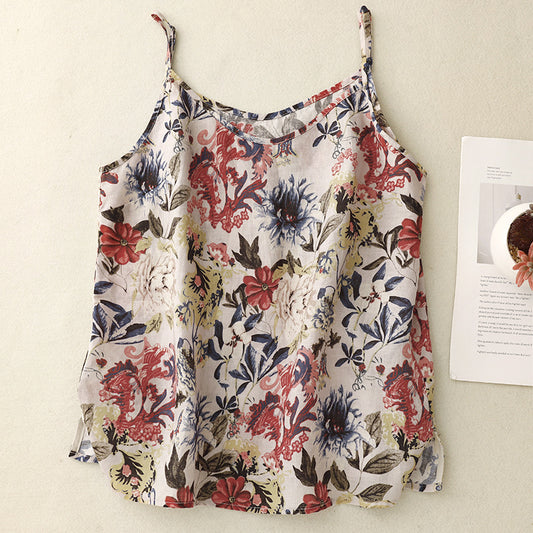 spring and summer new literary retro sweet printing adjustable shoulder strap U-neck retro sweat-absorbing breathable sling