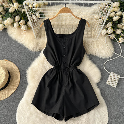 vmtvr going out outfits Summer New Ins Seaside Holiday Style Solid Color Wide-Leg One-Piece Shorts Women's Single-Breasted U-Neck Suspender Jumpsuit Pants