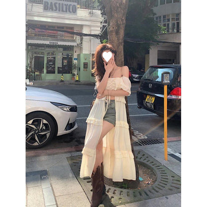 vmtvr dti outfits Hot Girl off-Shoulder Dress Women's Wear Lace-up Cardigan Slim Slimming Midi Dress Holiday Style Skirt