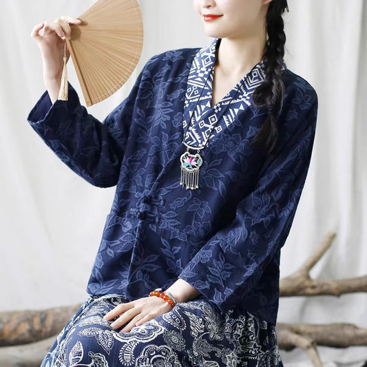 New Chinese cotton and linen jacket  spring loose retro jacquard splicing Tang dress shirt with top literary women's clothing