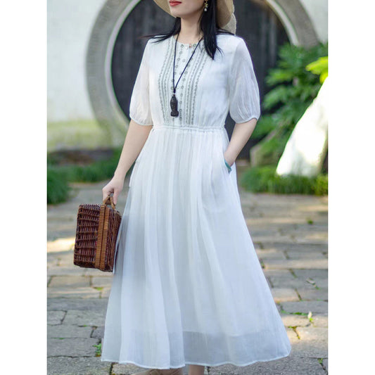 Premium temperament embroidered dress  summer new literary waist thin commuter lace-up super fairy skirt