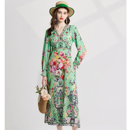 Real shot, summer new  positioning printing, heavy industry hot diamond, slim long-sleeved dress fashion temperament