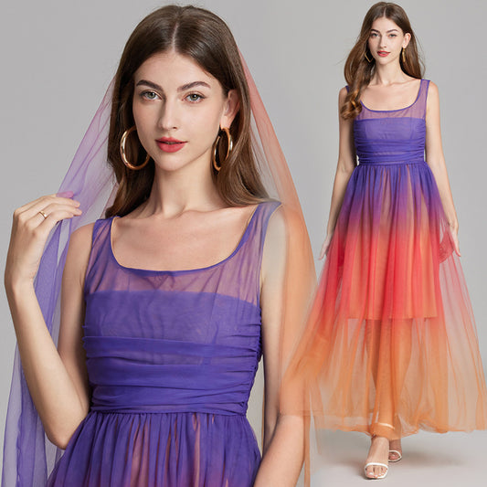 Real shot, summer new 9 meters double mesh yarn gradual change tube top vest slim high waist skirt, headscarf