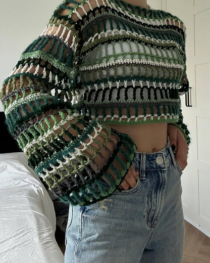 vmtvr Outfit Inspo Retro Street Style Colorful Striped Hollow-out Loose Casual Woolen Blouse Women's Spring and Summer European Style New Sweater