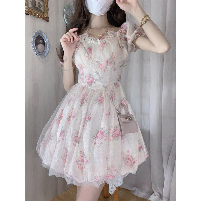 vmtvr outfit inspo Pink Floral Dress Women's Summer 2024 New Elegant Socialite Sweet Waist Princess Style Fluffy Short Skirt