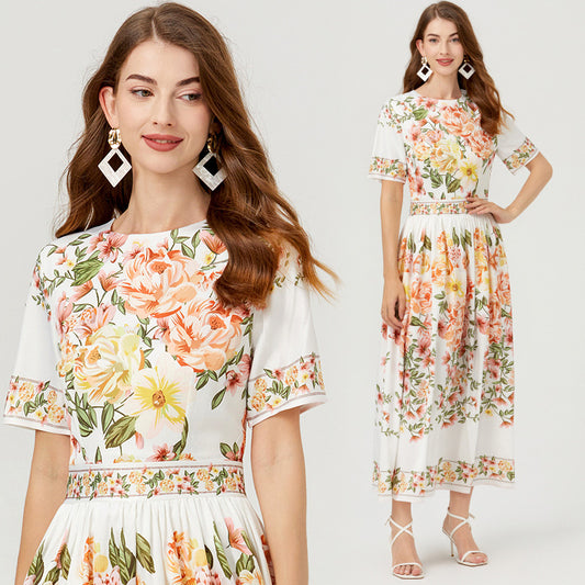 Summer new product positioning printed high-waisted pendulum dress, short-sleeved cotton A-shaped skirt
