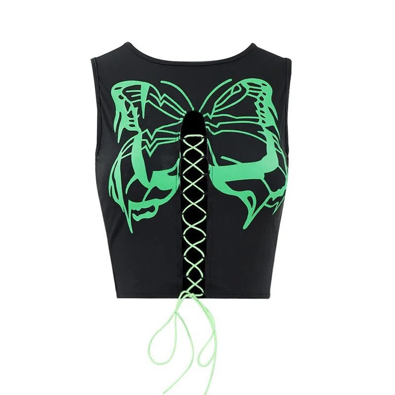vmtvr grunge outfits Top Women's Summer New Fashion Sexy Printed Lace-up Cropped Hollow round Neck Vest