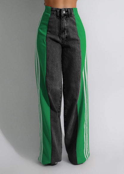 vmtvr 2000s fashion 2024 Summer Fashion Stitching Three Striped Wide Leg Denim Trousers Women's New Casual High Waist Stretch Straight Pants