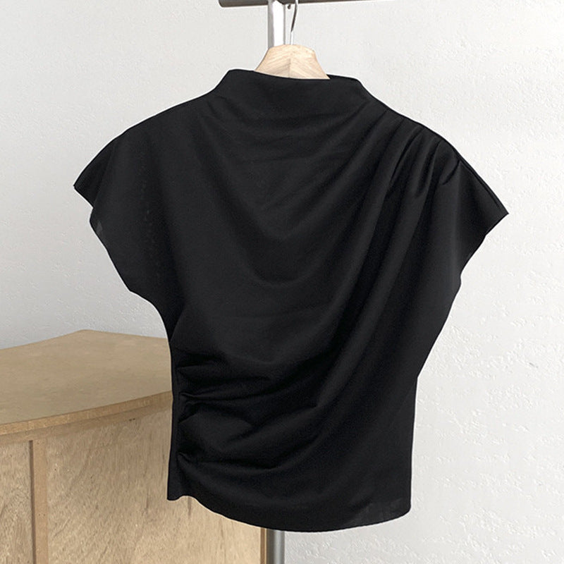 vmtvr business casual outfits Chic Summer New French Style Elegant Half Turtleneck Pleated Loose Casual All-Match Short Sleeve T-shirt Top for Women
