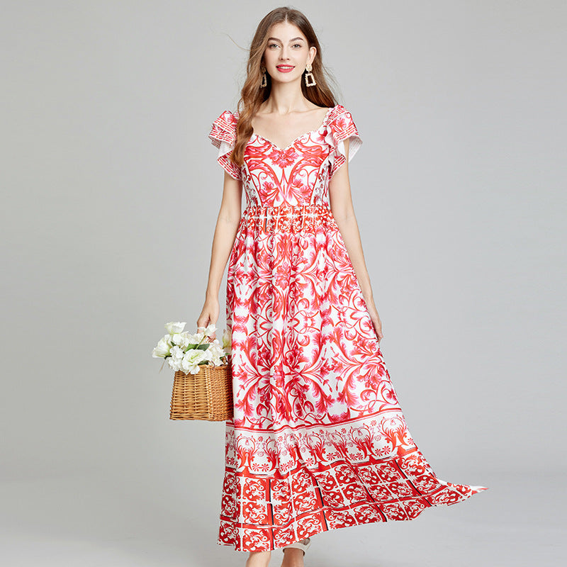 Real shot, summer new product positioning printed V-neck high-waisted pendulum dress, slim A-shaped skirt