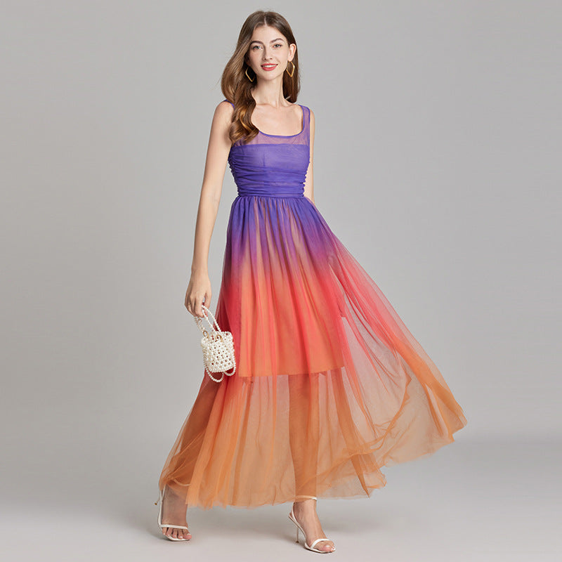 Real shot, summer new 9 meters double mesh yarn gradual change tube top vest slim high waist skirt, headscarf