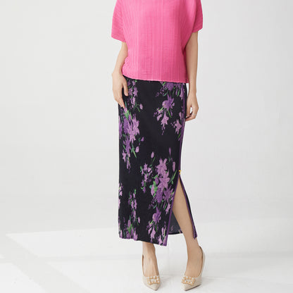 2025 National style retro skirt summer women's medium and long hot-selling printed split-ended temperament elegant high waist pleated hip skirt