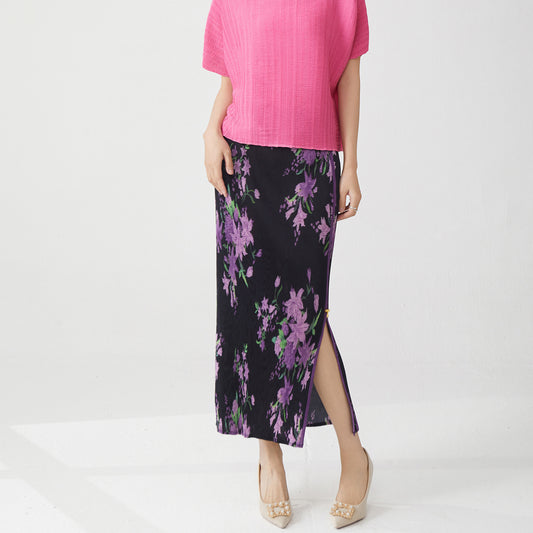 2025 National style retro skirt summer women's medium and long hot-selling printed split-ended temperament elegant high waist pleated hip skirt