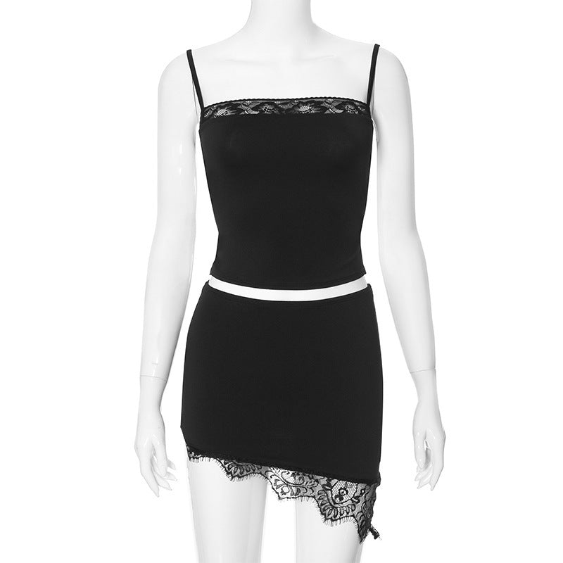 vmtvr going out outfits Women's 2024 Spring and Summer New Solid Color Slim-Fit Navel Lace Sling Top Low Waist Short Skirt Suit
