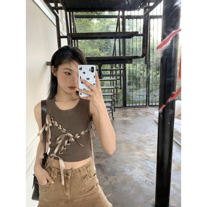 vmtvr 2000s fashion 2024 New American Hot Girl Ribbon Summer Fashion Street Bow Lace-up Hollow Sleeveless Vest Fashion